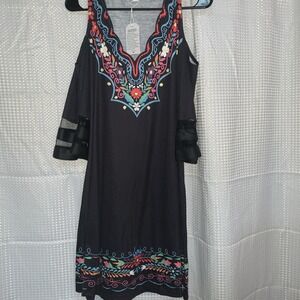Exclusive Womens Medium Tank‎ Dress Flowy Sleeves Black Colorful Festive Floral